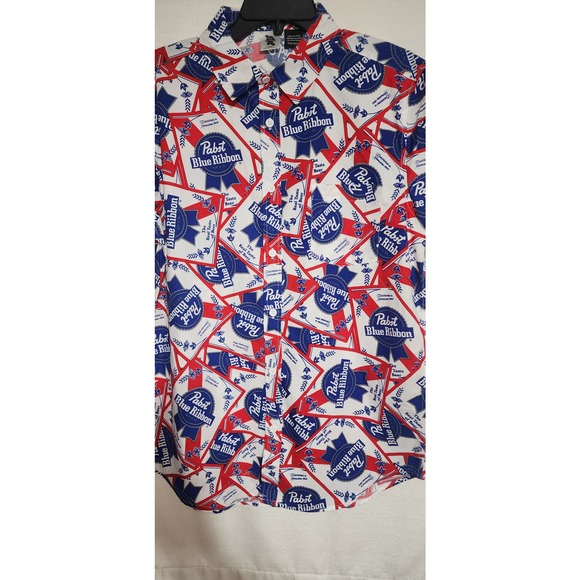 Pabst blue ribbon beer collared button up short sleeve shirt medium - Picture 4 of 8